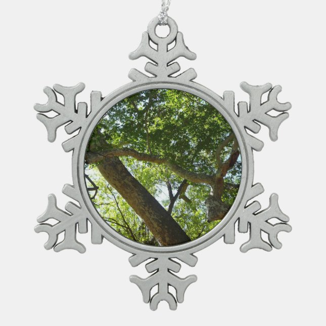Sycamore Tree Green Nature Snowflake Pewter Christmas Ornament (Front)