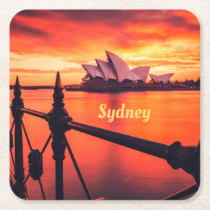 Sydney Australia Opera House Orange Sky Square Paper Coaster