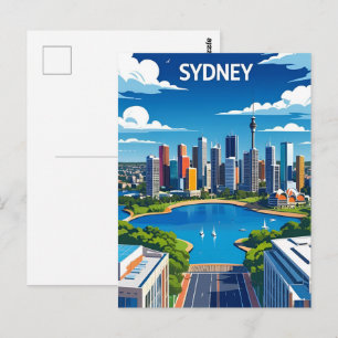 Sydney Australia Skyline Sunset Retro Travel Postcard