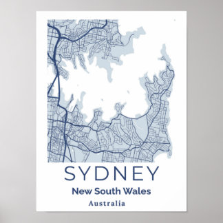 Sydney Blue Grey Mininmalist Wall Art Map