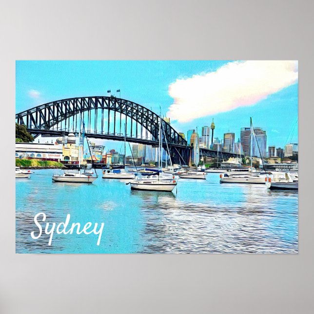 Sydney Harbor Bridge blue sky with yachts Poster (Front)