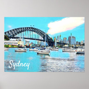 Sydney Harbour Bridge blue sky with yachts Poster