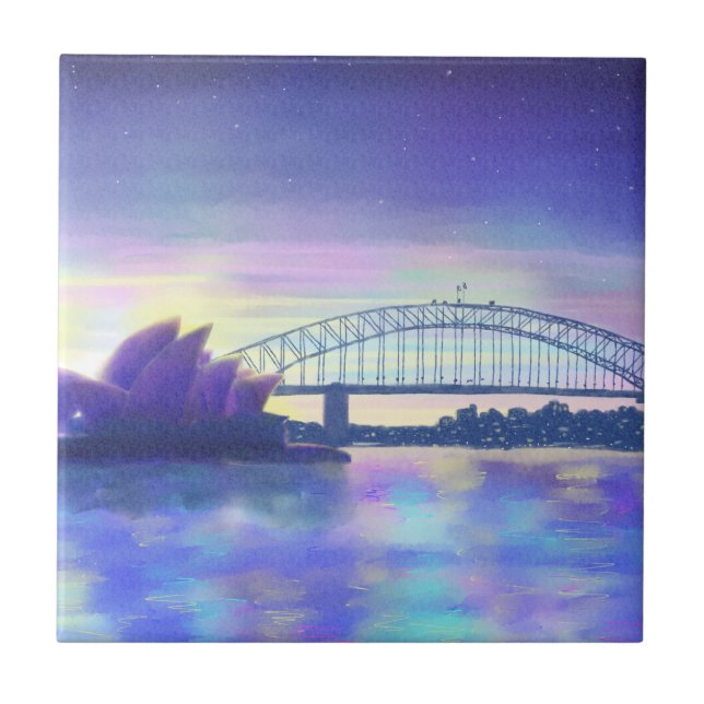 Sydney Harbour watercolor Purple Sunset Tile (Front)