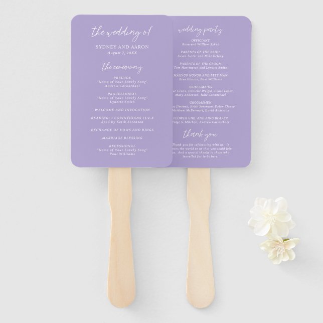 Sydney Lavender Modern Wedding Program Hand Fan (Front and Back)