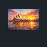 Sydney Opera House Sunset Knife Oil Painting Canvas Print<br><div class="desc">A breathtaking artistic interpretation of the iconic Sydney Opera House, beautifully illuminated by a glowing sunset over Sydney Harbour in Sydney, Australia. This expressive artwork blends palette knife texture with classic oil painting techniques, creating rich layers of color and movement. Warm golden, copper, and orange tones of the sunset contrast...</div>
