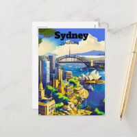 Sydney Postcard, hand drawn city card, illustrated