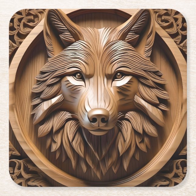 Sylvan Sentinel: The Majestic Wood Wolf Print, Square Paper Coaster (Front)