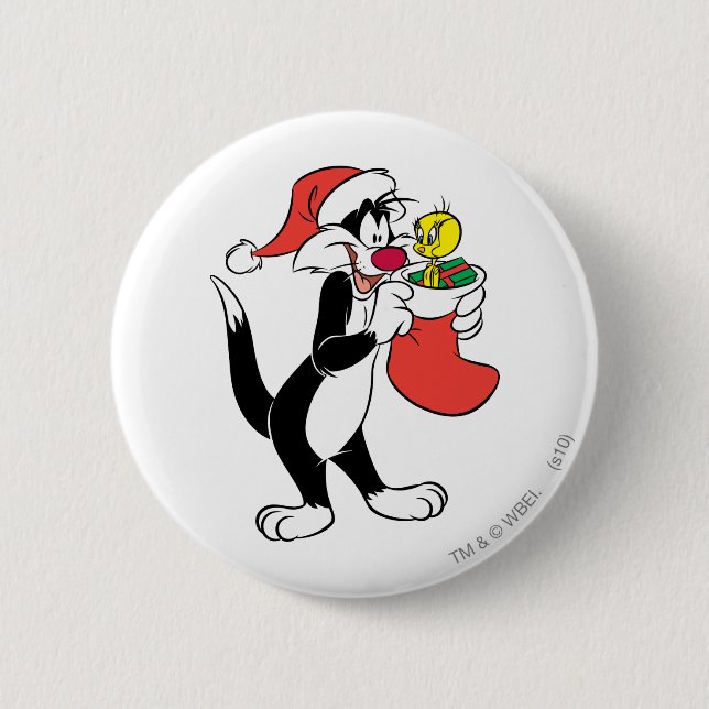 SYLVESTER™ Cat with Stocking 6 Cm Round Badge (Front)