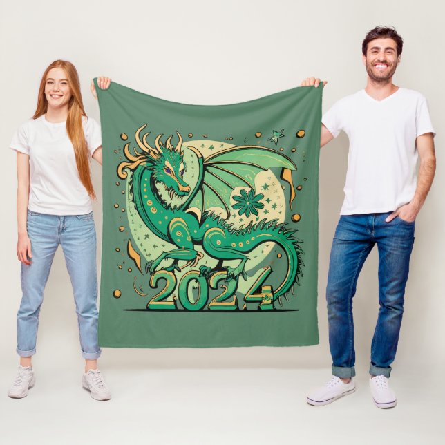 Symbol 2024 New Year, Green Wood Dragon Fleece Blanket (In Situ)