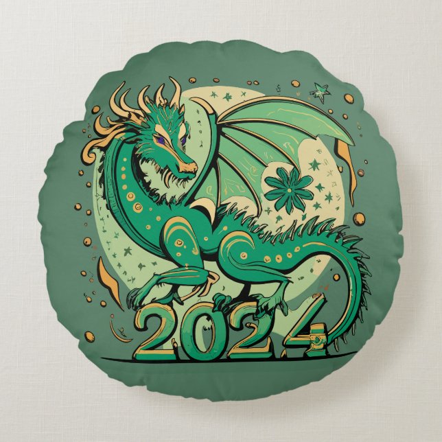 Symbol 2024 New Year, Green Wood Dragon Round Cushion (Front)