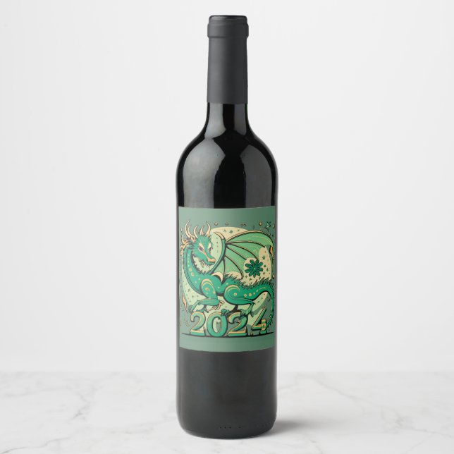 Symbol 2024 New Year, Green Wood Dragon  Wine Label (Front)