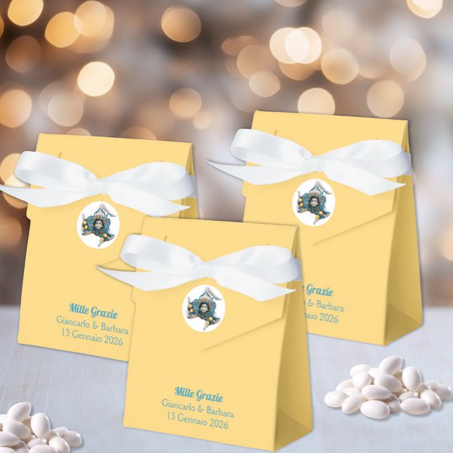 Symbol of Sicily Trinacria Medusa Yellow Sicilian Favour Box (Trinacria Symbol of Sicily Yellow Tent Favor Box for Italian Sicilian Weddings)