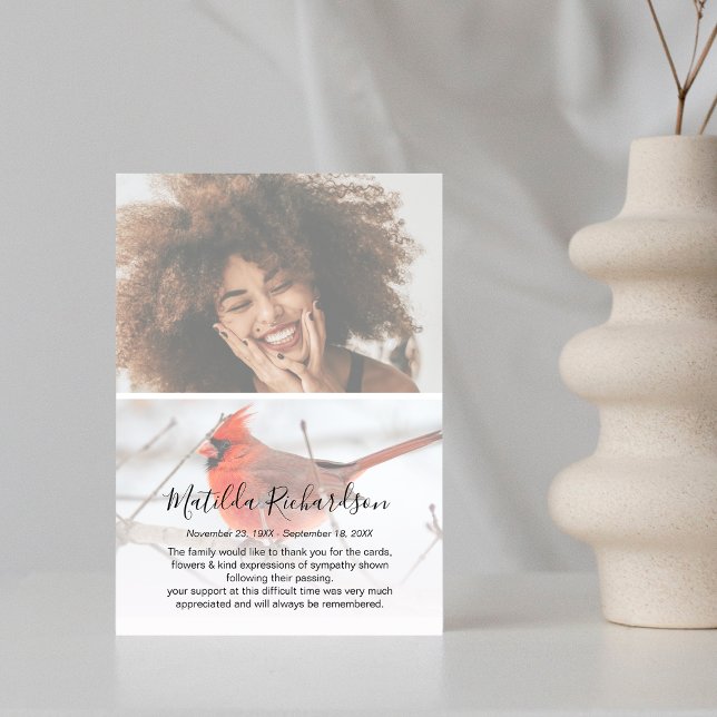 Symbolic Red Cardinal Photo Memorial Thank You Card (Creator Uploaded)