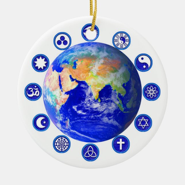 Symbols of peace, unity and religion ceramic tree decoration (Front)