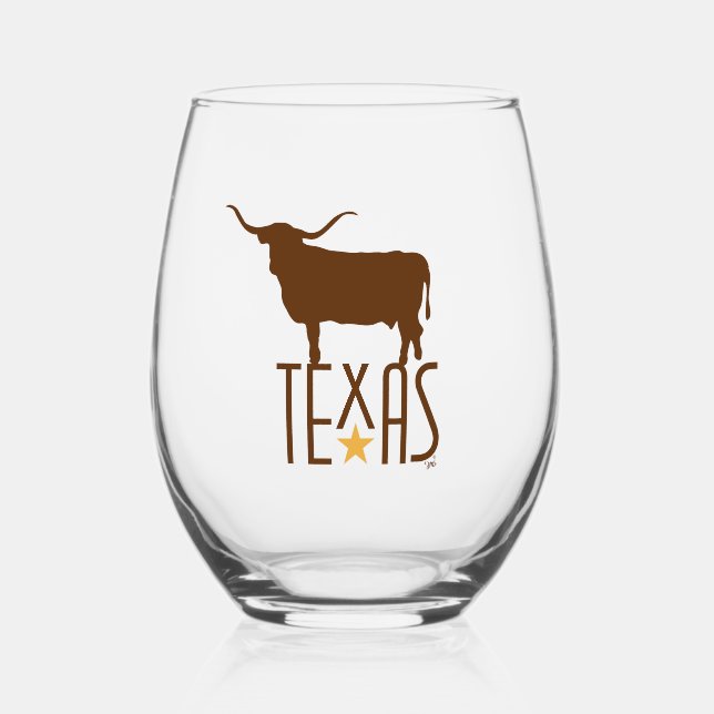 Symbols of Texas, Longhorn, brown Stemless Wine Glass (Front)