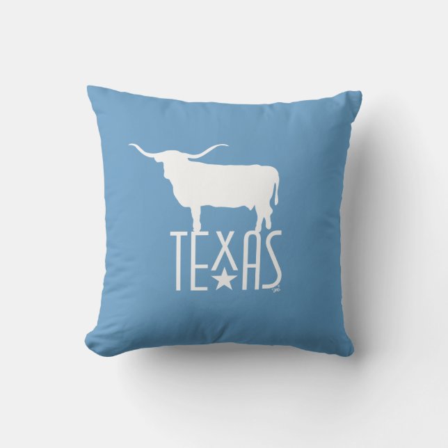 Symbols of Texas, Longhorn white, blue background Cushion (Front)