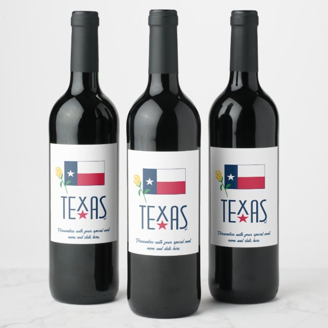 Symbols of Texas, Texas Flag and Yellow Rose Wine Label (Bottles)