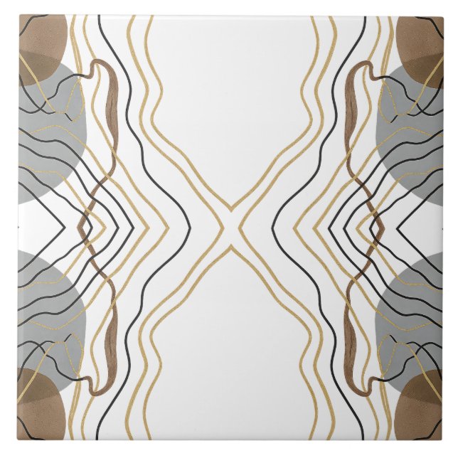Symmetric Artsy Gold Line Art Neutral Grey Brown  Tile (Front)