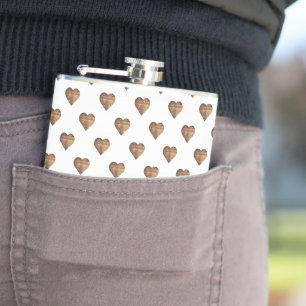 Symmetric Large Rustic Brown Wooden Hearts Hip Flask