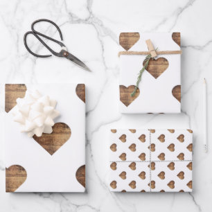 Symmetric Large Rustic Brown Wooden Hearts Wrapping Paper Sheet