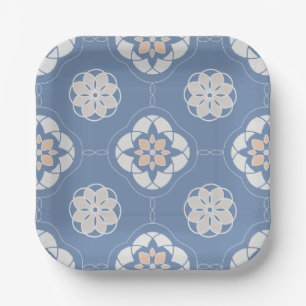 Symmetric Orange Flower Pattern on Blue Paper Plate