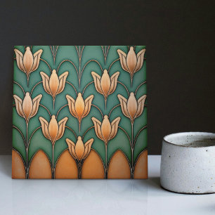 Symmetric Orange Tulips Wall Decor Art Deco Tile
