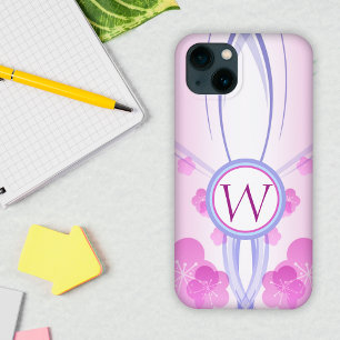 Symmetric pink cherry blossoms custom monogram iPhone 13 case