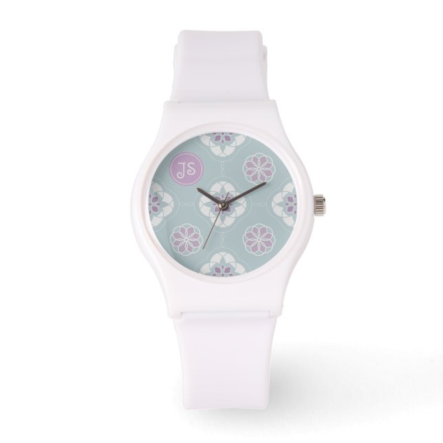 Symmetric Pink Flower Tiled Pattern on Sage Watch (Front)