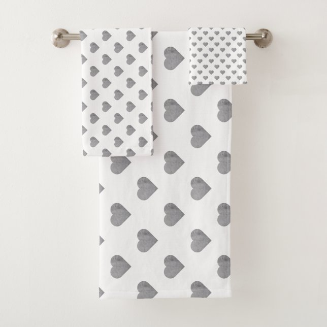 Symmetric Small Concrete Grey Hearts on White  Bath Towel Set (Insitu)