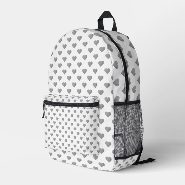 Symmetric Small Concrete Grey Hearts on White  Printed Backpack (Back Corner Right)