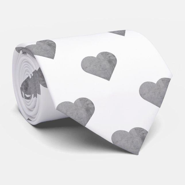 Symmetric Small Concrete Grey Hearts on White  Tie (Rolled)