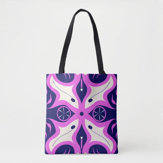 Symmetrical Abstract Pattern in Purple and White Tote Bag (Front)