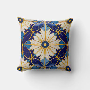 Symmetrical Art Deco Blue Gold Floral Pattern Cushion