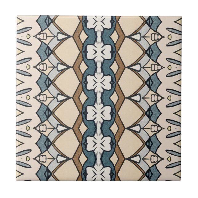 Symmetrical Beige and Blue Patterned Unique Tile (Front)