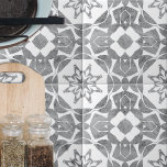 Symmetrical Elegant Textured Grey White Pattern Tile<br><div class="desc">This decorative ceramic tile is a captivating piece of art. Its symmetrical abstract pattern, mirrored on both the horizontal and vertical axis, creates a mesmerising visual effect. The intricate detailing, achieved through various shades of grey on a pristine white background, adds depth and dimension to the design. This tile is...</div>