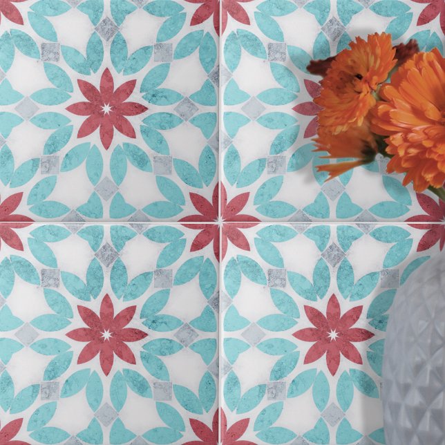 Symmetrical Floral Red Blue Grey Stone-Textured  Tile (Creator Uploaded)