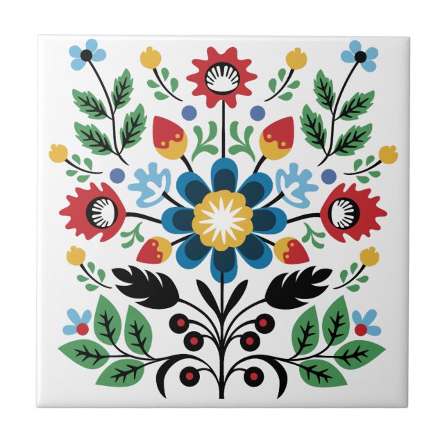 Symmetrical Folk Art Flower Bouquet Tile (Front)