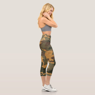 Symmetrical Grunged Green Tan Olive Camouflage Capri Leggings