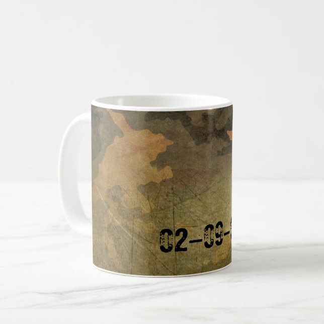 Symmetrical Grunged Green Tan Olive Camouflage Coffee Mug (Front Left)