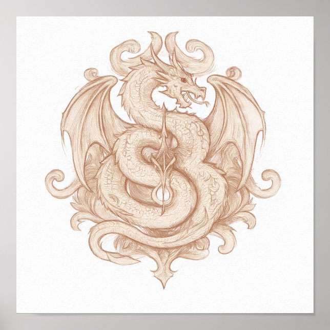 Symmetrical Heraldic Art: Gothic Dragon Emblem Poster (Front)