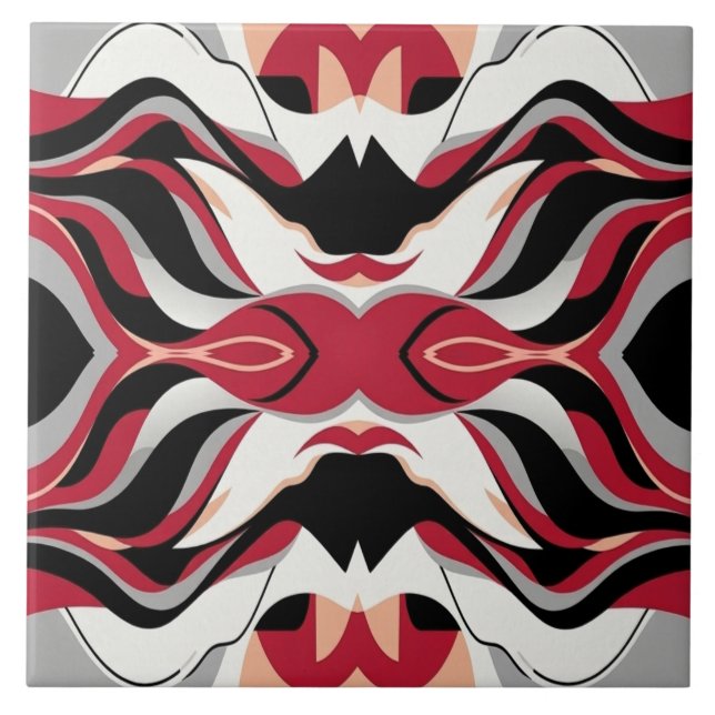 Symmetrical Red and Black Abstract Flow Pattern Tile (Front)