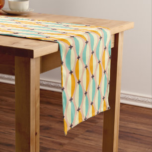Symmetrical retro pattern with interlocking teal short table runner