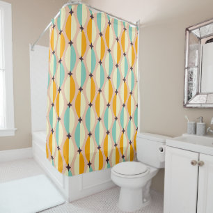Symmetrical retro pattern with interlocking teal shower curtain