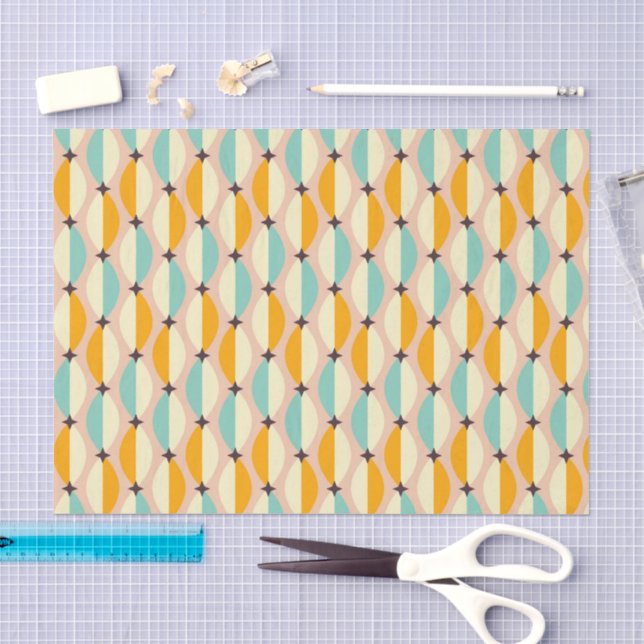 Symmetrical retro pattern with interlocking teal tissue paper (Craft)