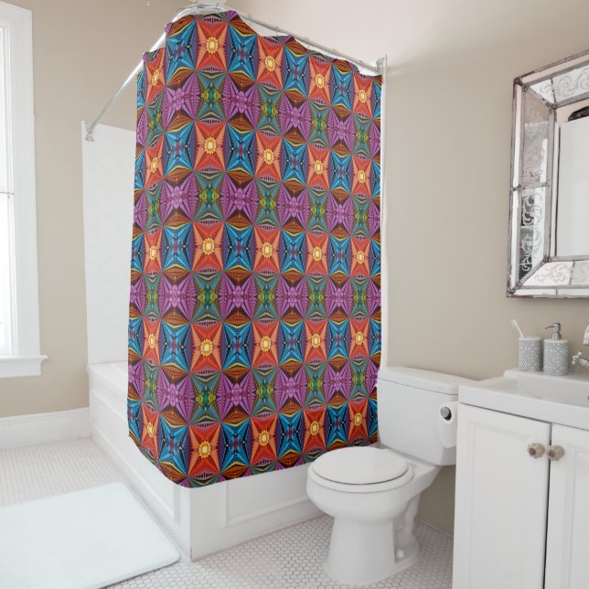 Symmetrical tiles abstract bold colourful shower curtain (In Situ)