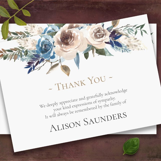 Sympathy Beige Blue Floral Funeral Thank You Card (Beige and blue florals sympathy bereavement celebration of life funeral thank you cards)