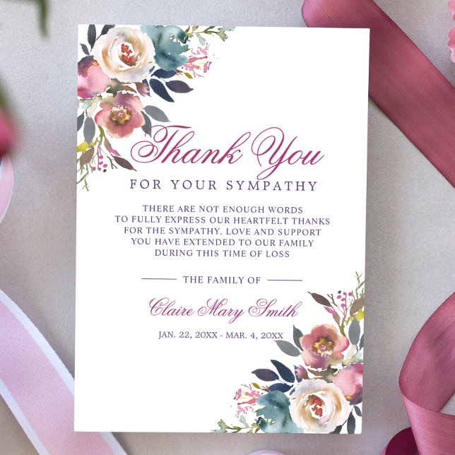 Sympathy Bereavement Burgundy Floral Funeral Thank You Card (Creator Uploaded)