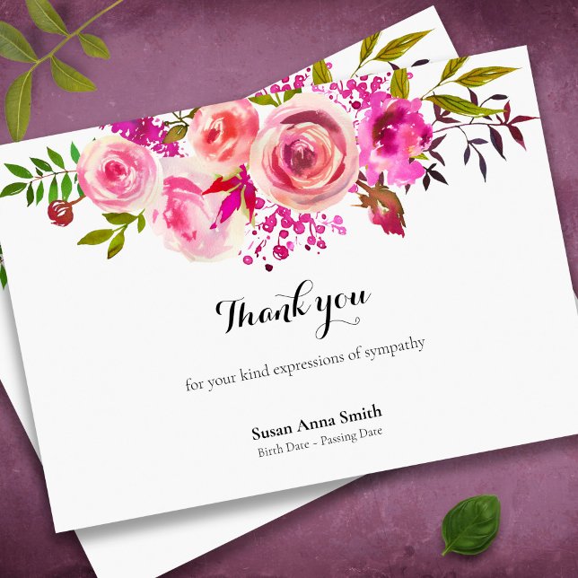 Sympathy Bereavement Roses Funeral Thank You Card (Watercolor roses floral memorial sympathy funeral thank you card)