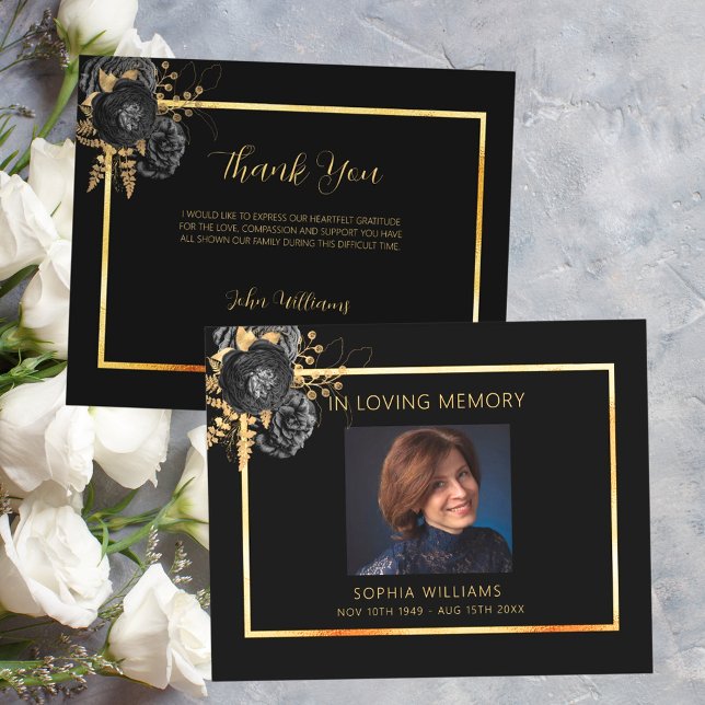 Sympathy black gold photo floral thank you card (Creator Uploaded)