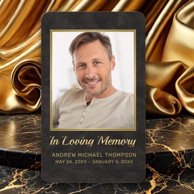 Sympathy Black Leather Gold Photo Funeral Card (In Loving Memory Faux Black Leather with Gold Photo Funeral Card)